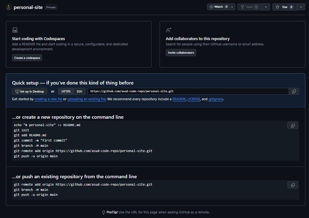 GitHub's quick-setup page for a newly created empty repository